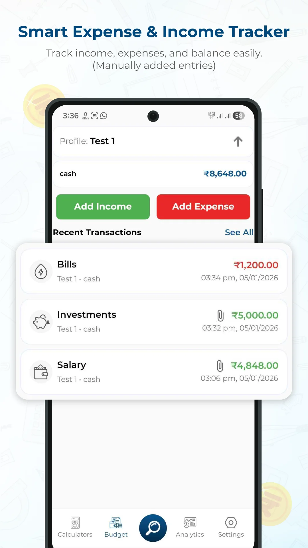 Toolance Smart Expense & Income Tracker — balance, add income/expense, and recent transactions