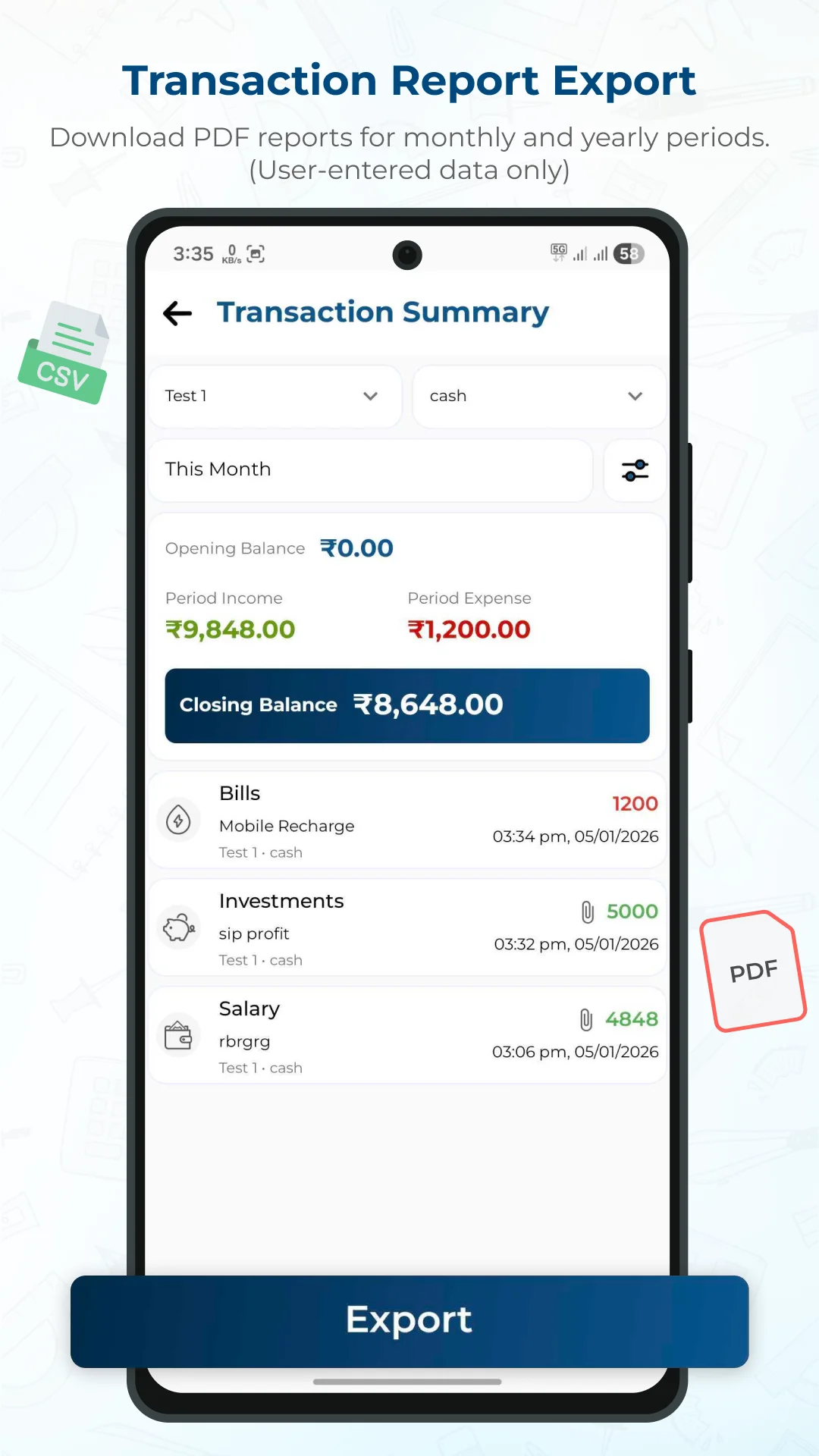Toolance app — transaction summary with PDF and CSV export