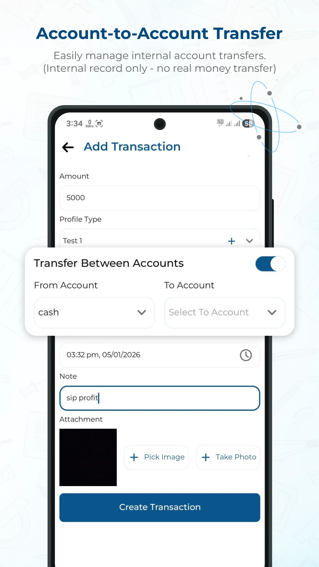 Toolance app — add transaction screen for logging expenses