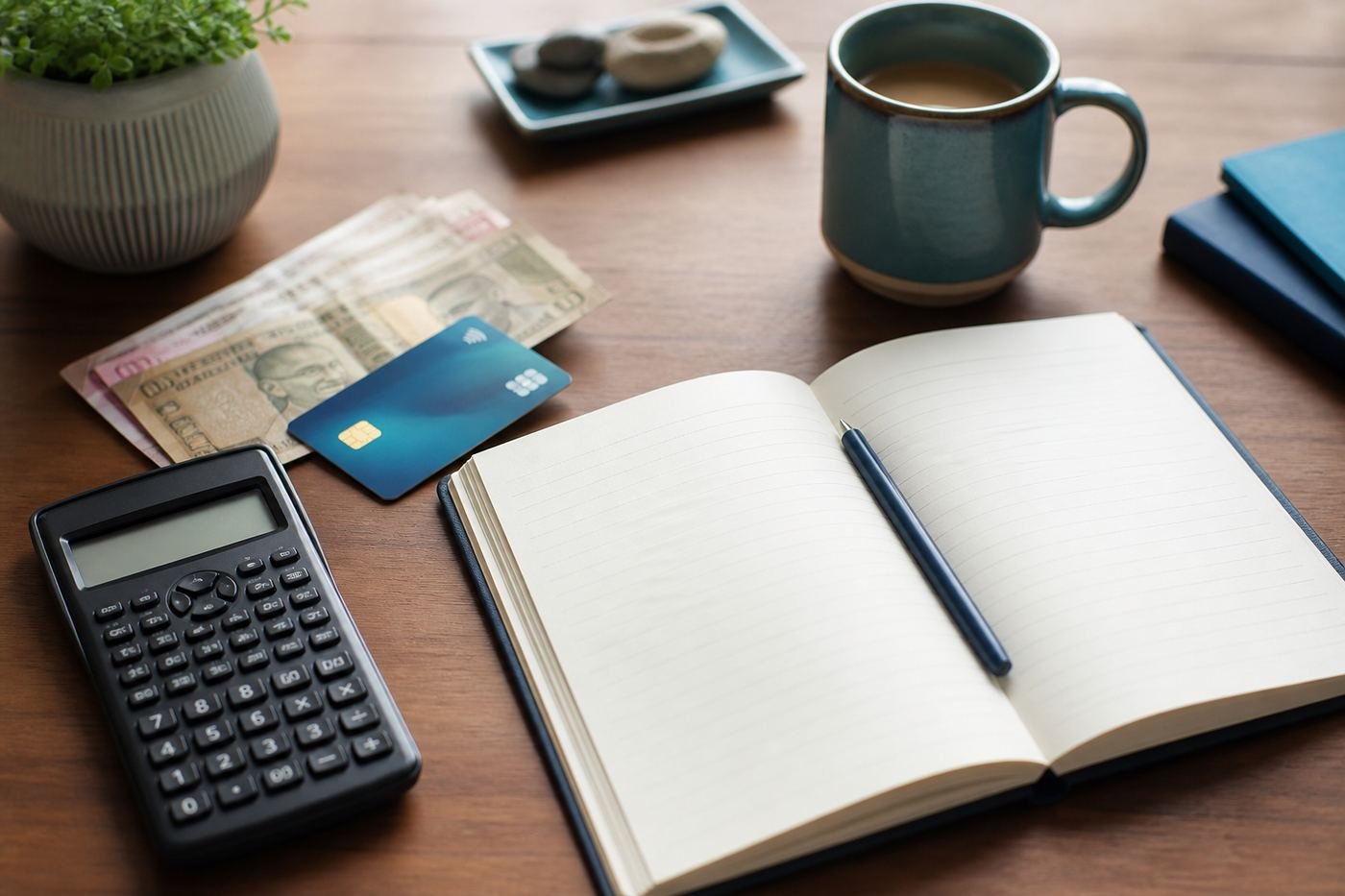 Notebook, calculator and household budget notes on a wooden table