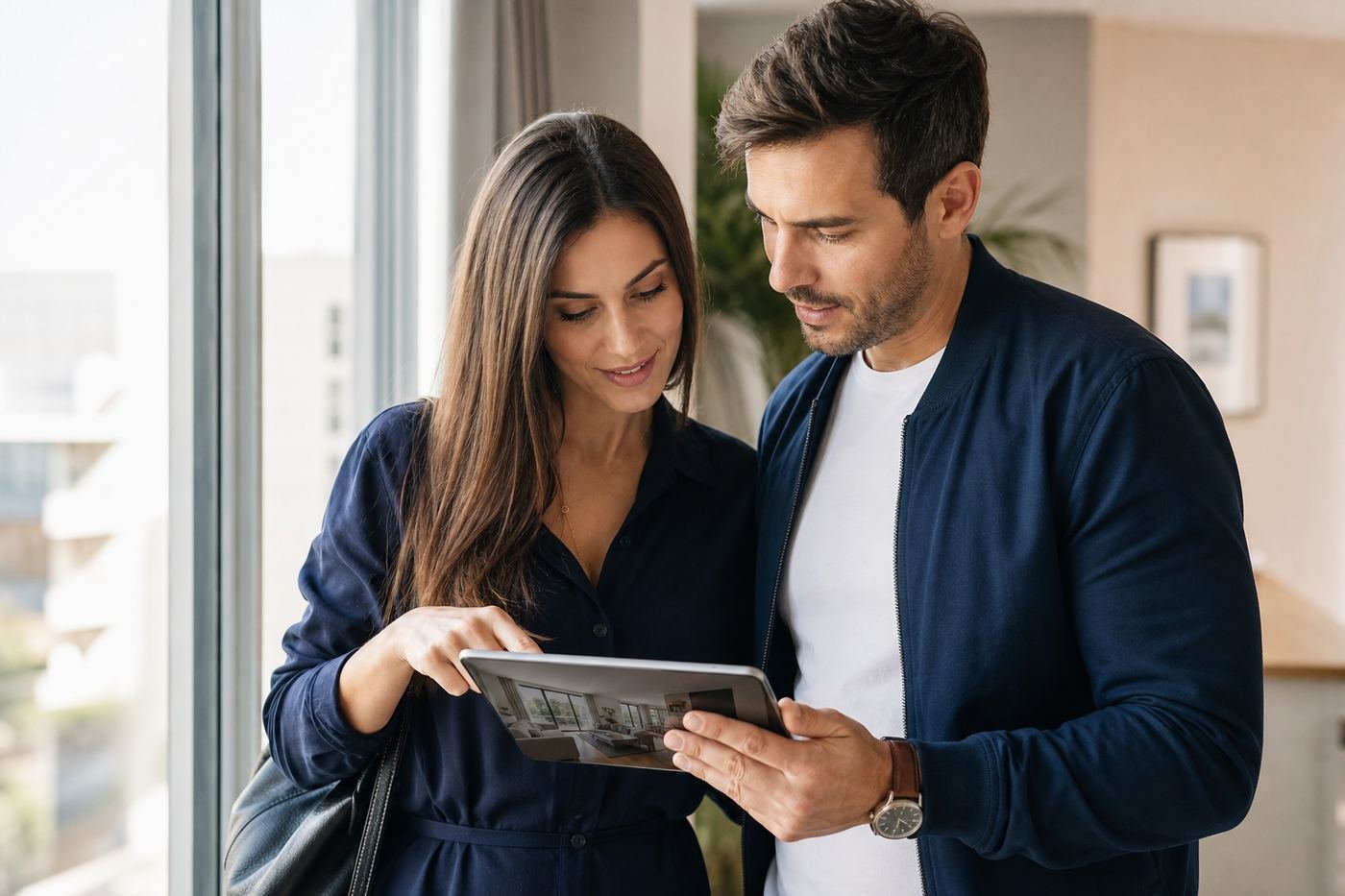 A couple reviewing a home listing on a tablet near a bright window