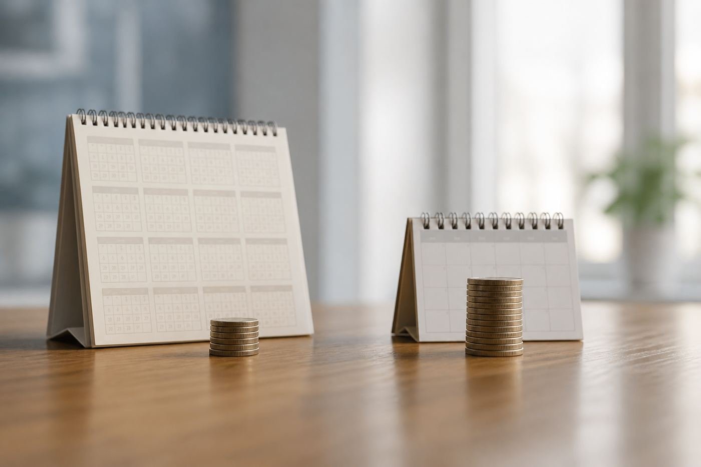 Coins and calendar pages suggesting a short versus long loan tenure