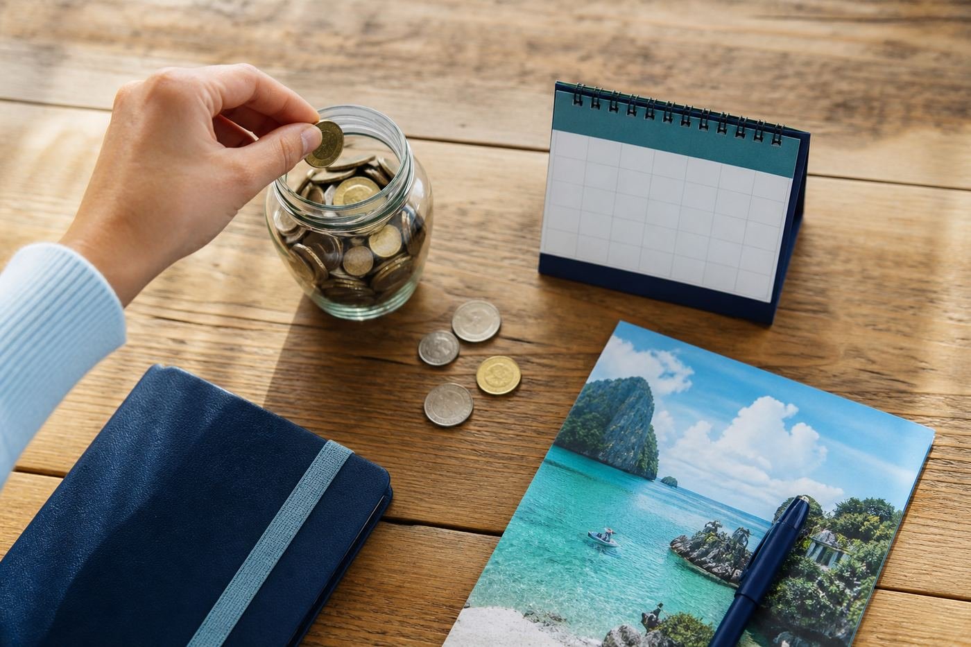 A glass savings jar, coins and a calendar on a wooden table for a one-year savings goal