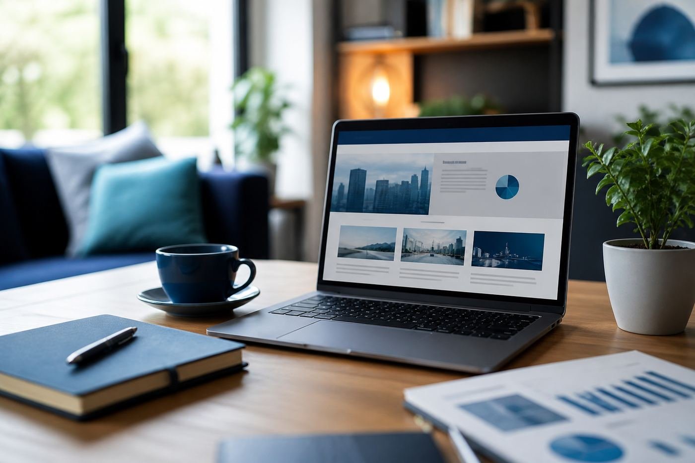 A bright workspace with a laptop, notebook and coffee for reading money articles