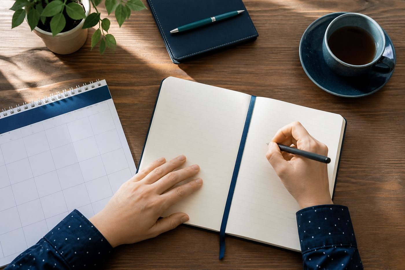 A notebook, calendar and tea on a desk during money goal planning
