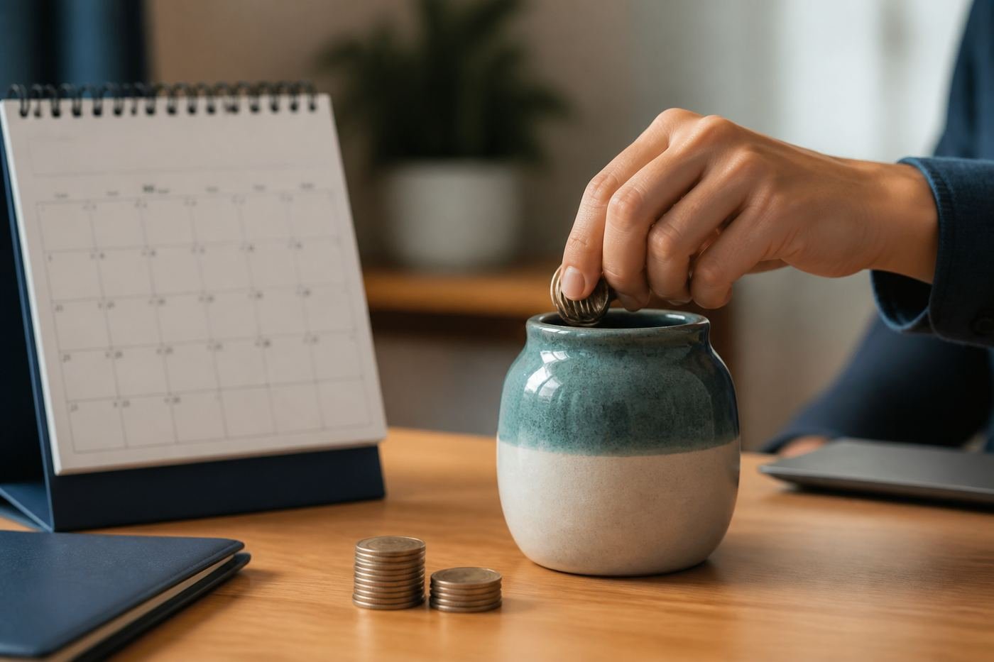 A person placing coins into a jar beside a wall calendar as a monthly habit